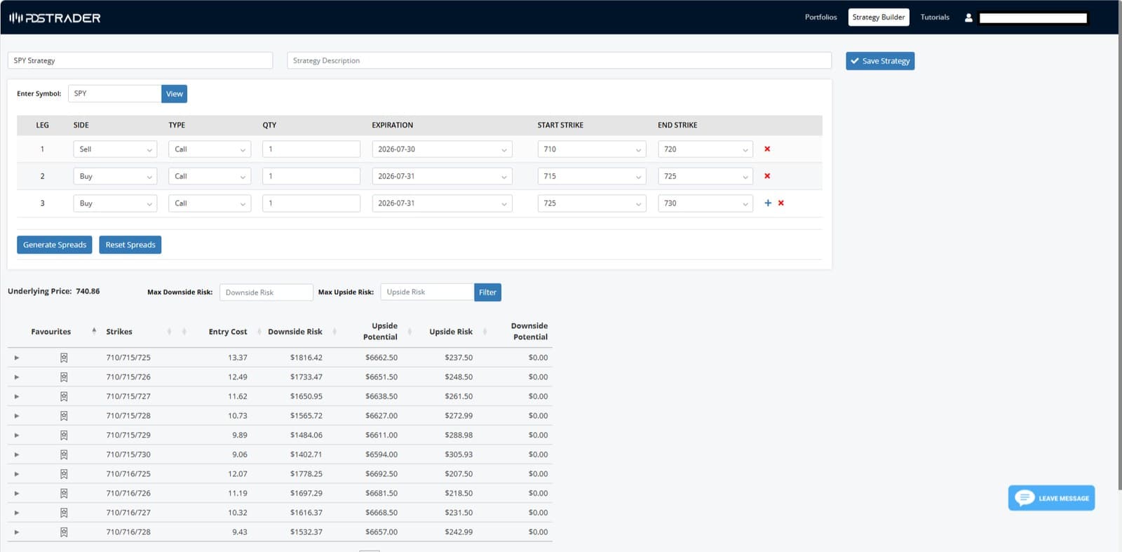 PDS Trader Strategy Builder with legs defined as strike ranges and the generated spread matrix ranked by entry cost and risk