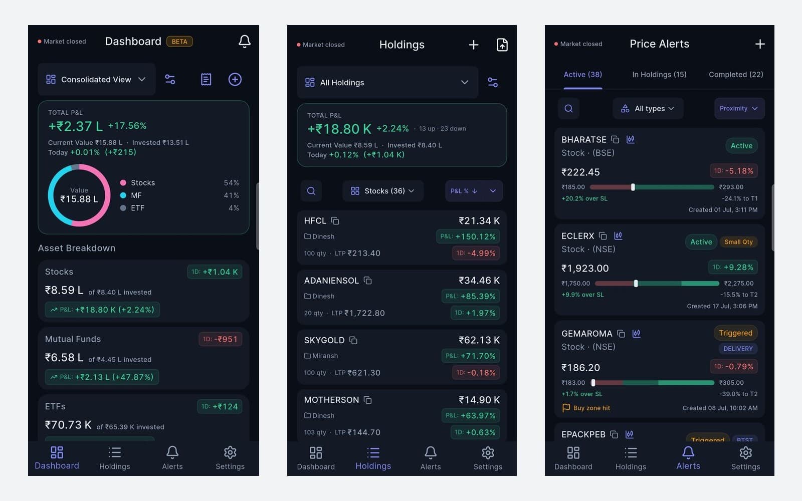 PortfolioPulse dashboard, holdings, and price alerts screens on mobile